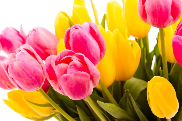 Gele en roze tulpen in lenteboeket.