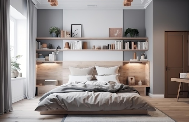 Gele en warme moderne slaapkamer met neutraal houten interieur AI Generative