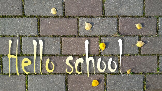 Foto gele en witte inscriptie hello school op de achtergrond van een grijze bakstenen weg met gegroeid gras tussen het en gele herfstbladeren top view vlak gelegen