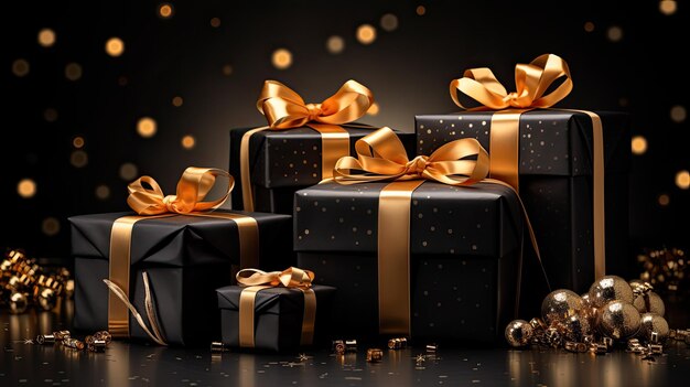 Gele en zwarte kerstcadeaus en gouden kerstballen.