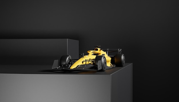 Foto gele formule 1 raceauto zwarte achtergrond 3d-rendering