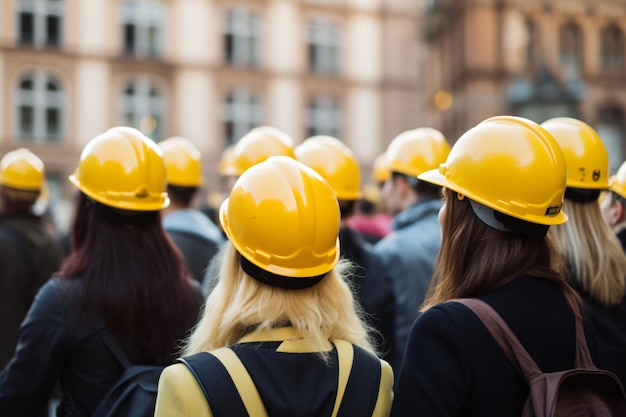 Gele hardhats bouwvakkers die in de straten van de stad werken