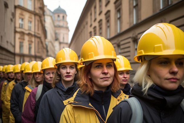 Gele hardhats bouwvakkers die in de straten van de stad werken