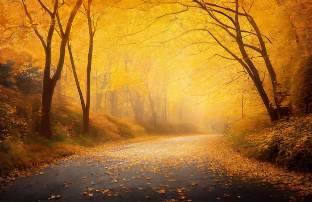 Gele herfstbomen langs een parkweg in een mistige dag Digitale 3D illustratie