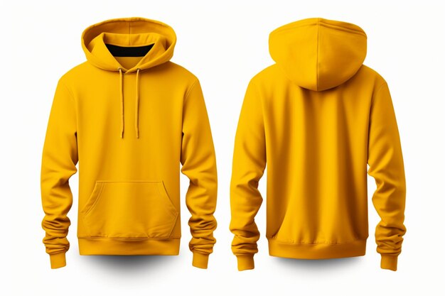 gele hoodie sweatshirt voor- en achterbeeld op witte achtergrond generatieve ai