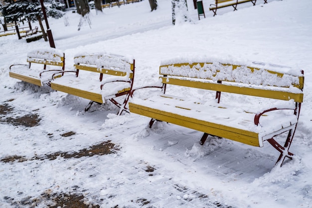 Gele houten parkbanken bedekt met sneeuw