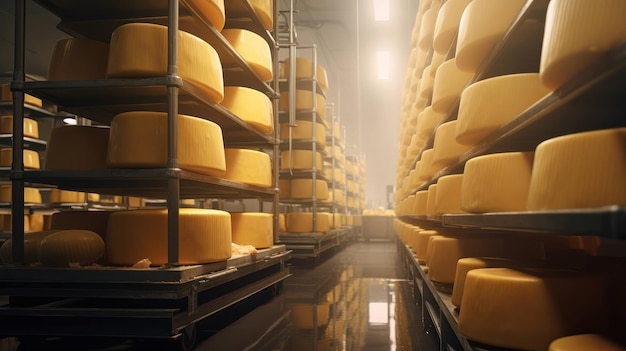 Foto gele kaas voedselopslag zuivel industriële planken productie melk fabriek productie kelder ronde