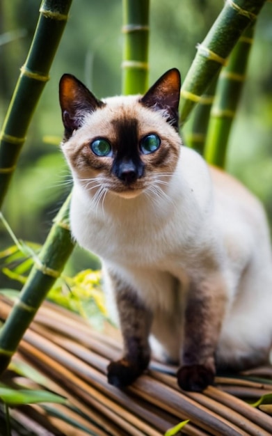 Foto gele kat zit onder de bamboe bomen