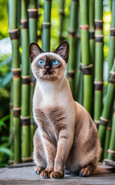 Foto gele kat zit onder de bamboe bomen