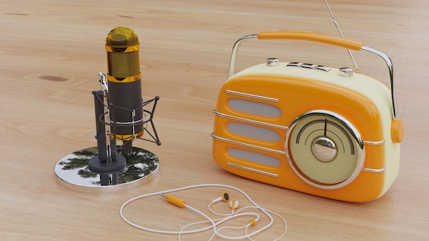 gele klassieke radio en microfoon op een houten bord