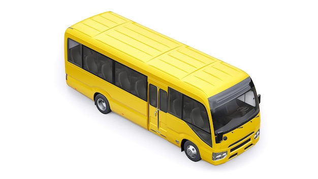 Gele kleine bus voor in de stad en in de voorsteden voor reizen. Auto met lege carrosserie voor design en reclame. 3d illustratie