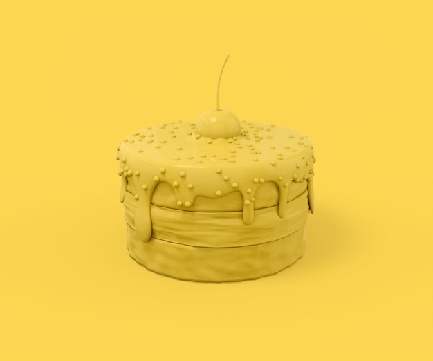 Gele kleine cake met een kers op de top op een gele achtergrond Minimalistisch design object 3D-rendering