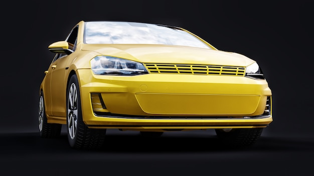 Gele kleine gezinsauto hatchback op zwarte achtergrond. 3D-rendering.