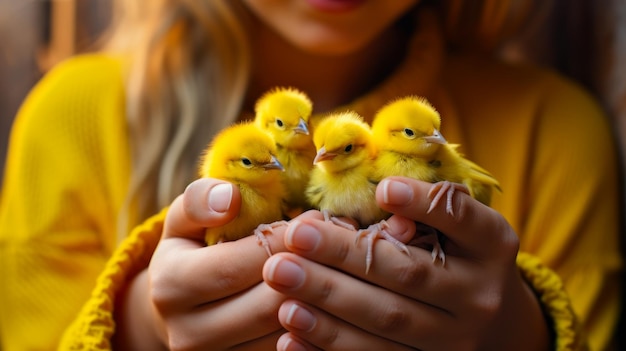Gele kleine kippen in de handen van een meisje generatieve ai
