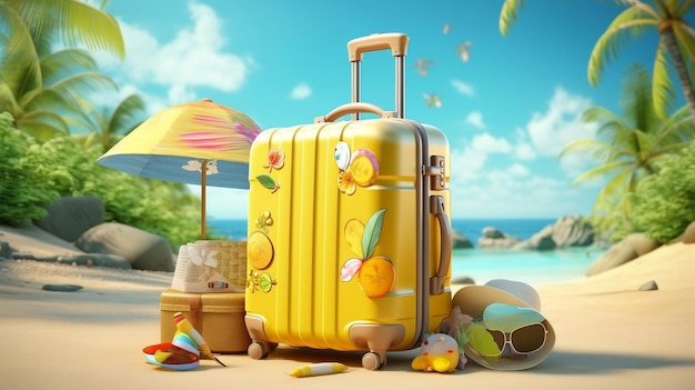 Gele koffer met kleurrijke summer beach elementsai