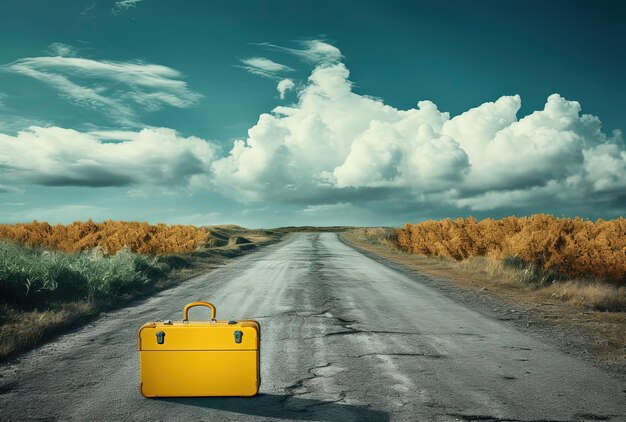 Foto gele koffer op de weg in het landschap