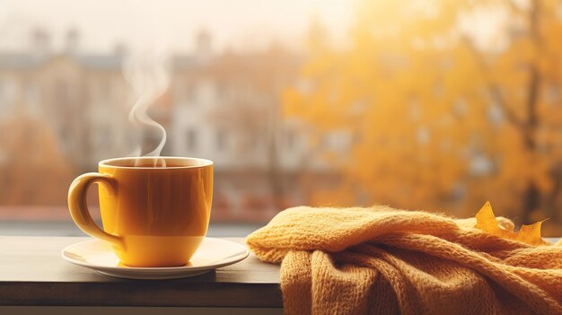 Gele kop met geurige koffie bij het raam op een herfstdag. Foto van hoge kwaliteit