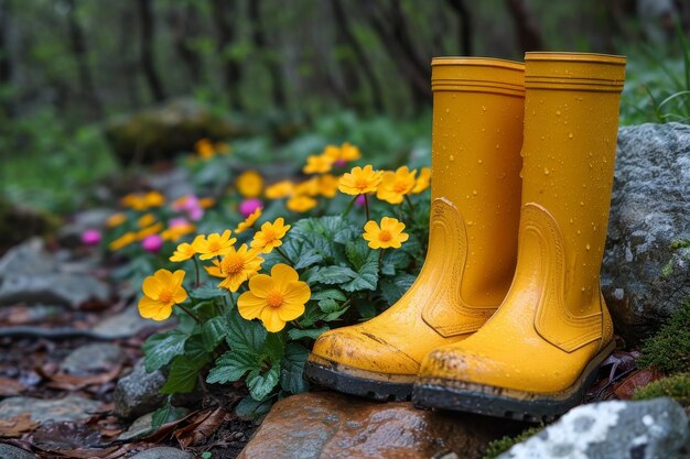 Foto gele laarzen staan in de zomertuin na de regen.