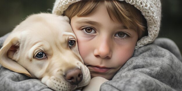 Gele Labrador Retriever puppy knuffeld met een klein meisje het demonstreren van zijn aanhankelijke