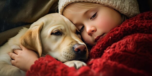 Gele Labrador Retriever puppy knuffeld met een klein meisje het demonstreren van zijn aanhankelijke