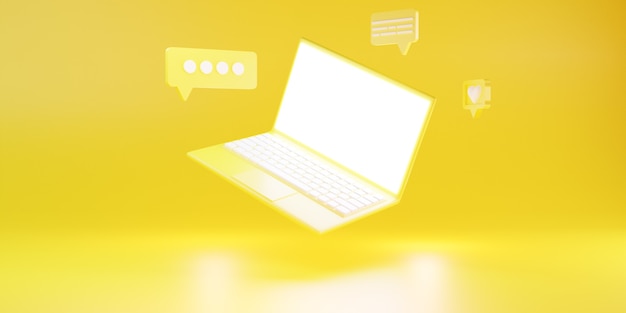 Gele laptop met bellengesprek. 3d illustratie