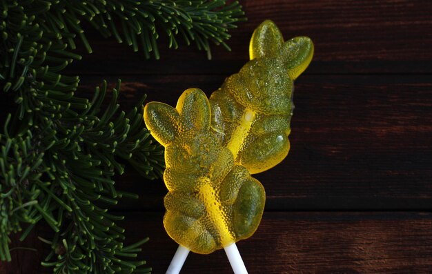 Gele lolly in de vorm van een haas op een stok op een houten achtergrond met sparren takken