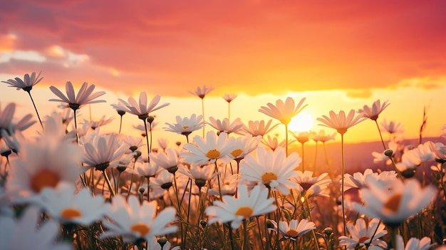 Gele madeliefje bloeit in een zachte zomer met een prachtige zonsondergang.