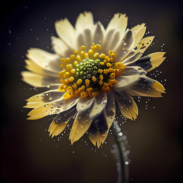 Gele madeliefjebloem met waterdalingen op zwarte achtergrond 3d illustratie