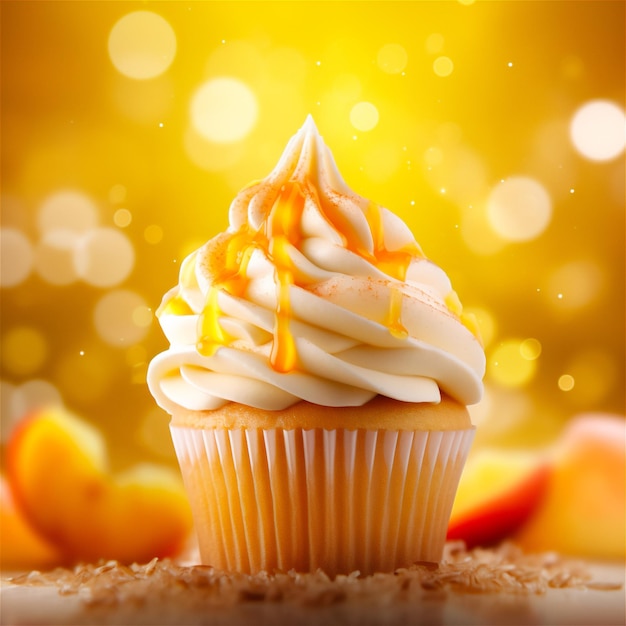 Gele mango of banaan Cupcake en Golden Glittering Bokeh Achtergrond