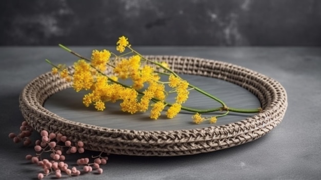 Gele mimosa bloemen op een grijze achtergrond generatieve ai