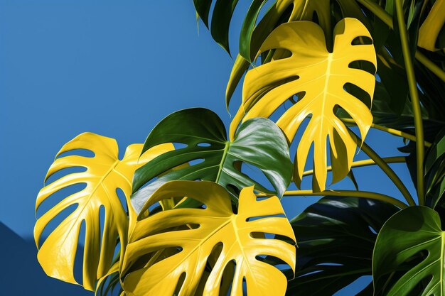 Foto gele monstera en palm schaduw bladeren op blauwe achtergrond