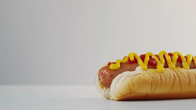 Gele mosterd hotdog op witte achtergrond