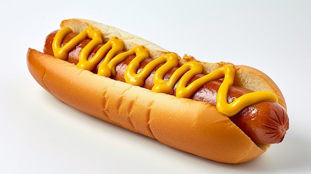 Gele mosterd hotdog op witte achtergrond