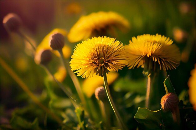 Gele paardebloemen in bloei in de natuur in een zonnige weide tijdens een warme lente of zomer Generatieve AI