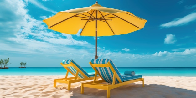 Gele Paraplu met Strandstoelen op Tropisch Strand Blauwe Hemelachtergrond Generatieve AI