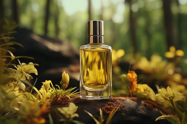 Gele parfumfles op pastel achtergrond gegenereerd door AI