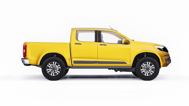 Gele pick-up auto op een witte achtergrond. 3d-rendering.