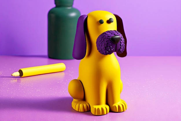 Gele plasticine hond met paarse oren zittend op tafel gemaakt met generatieve ai