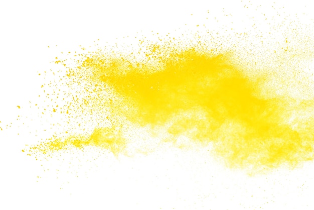 Gele poeder explosie geïsoleerd op een witte achtergrond.