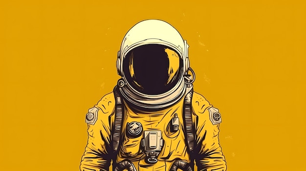 Gele poster van een astronaut met een gele achtergrond en het woord ruimte op de voorkant.