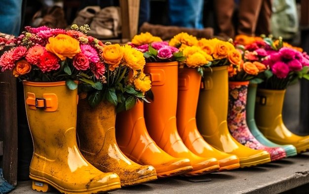 gele regen laarzen lopen met potten met bloemen