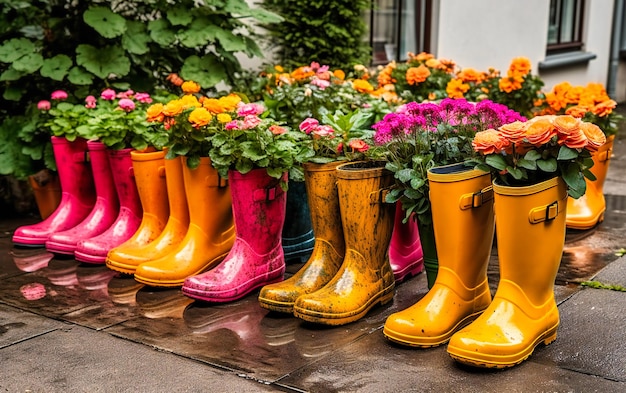 gele regen laarzen lopen met potten met bloemen