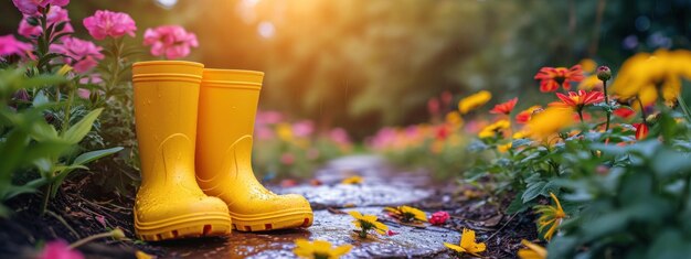 gele regenlaarzen staan in het zonlicht voor bloemen in een tuin