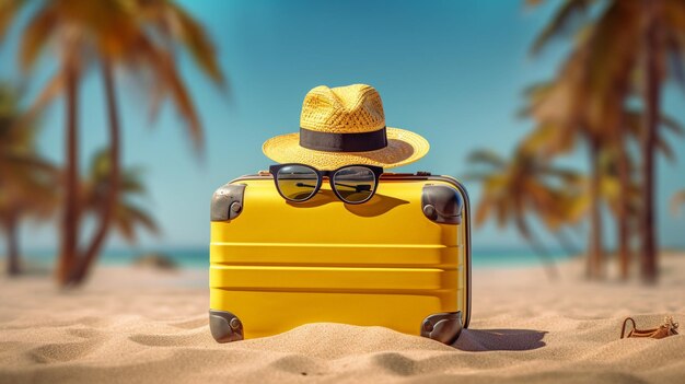 Gele reiskoffer en hoed op actueel strandzand Avonturenconcept
