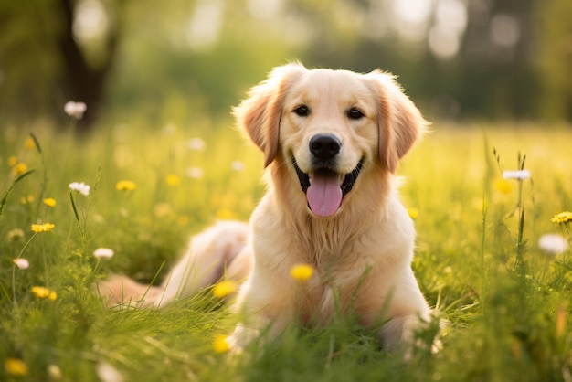 Gele retriever zit in het gras, speelse en loyale buitenvriend gegenereerd