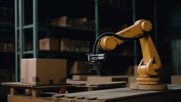 Gele robotarm draagt kartonnen doos in magazijn