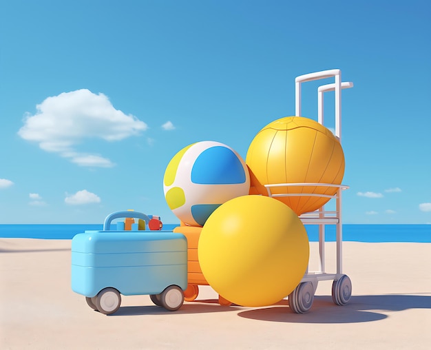 gele rollende koffer op blauwe achtergrond 3d render met beachball Ai generatief