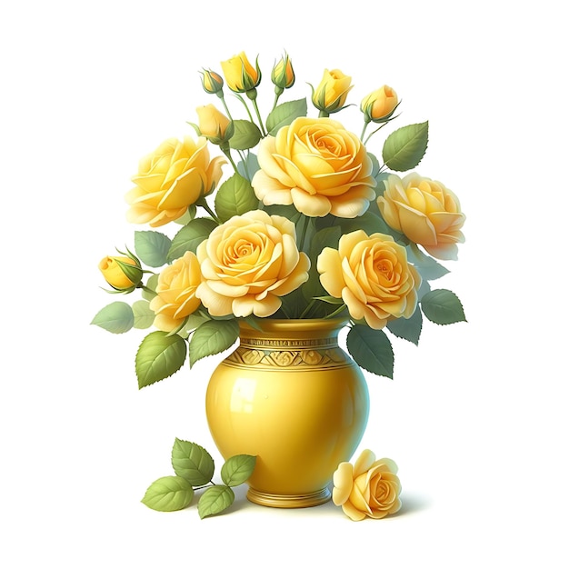 Gele rozen in een gele keramische vaas geïsoleerd op een witte achtergrond