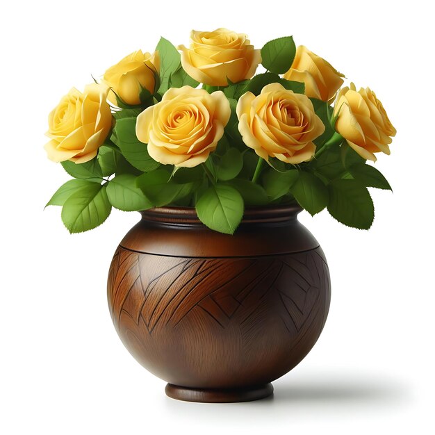 Gele rozen in een houten vaas op een witte achtergrond