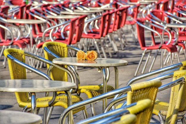 Foto gele rozen op tafel bij stoelen in een café op het trottoir